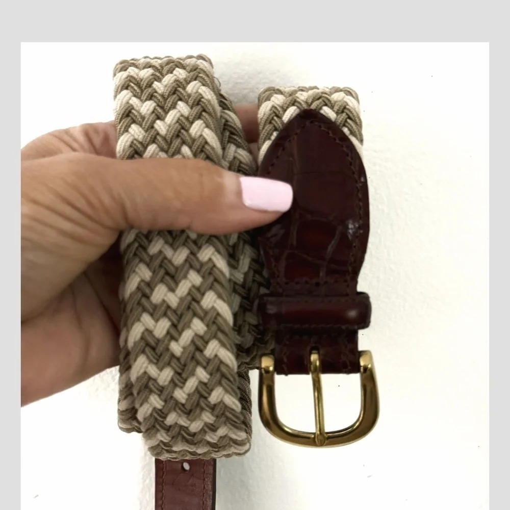 Crookhorn Belt Brown Croc Woven Braided Taupe Cream Brass Buckle Size 44
